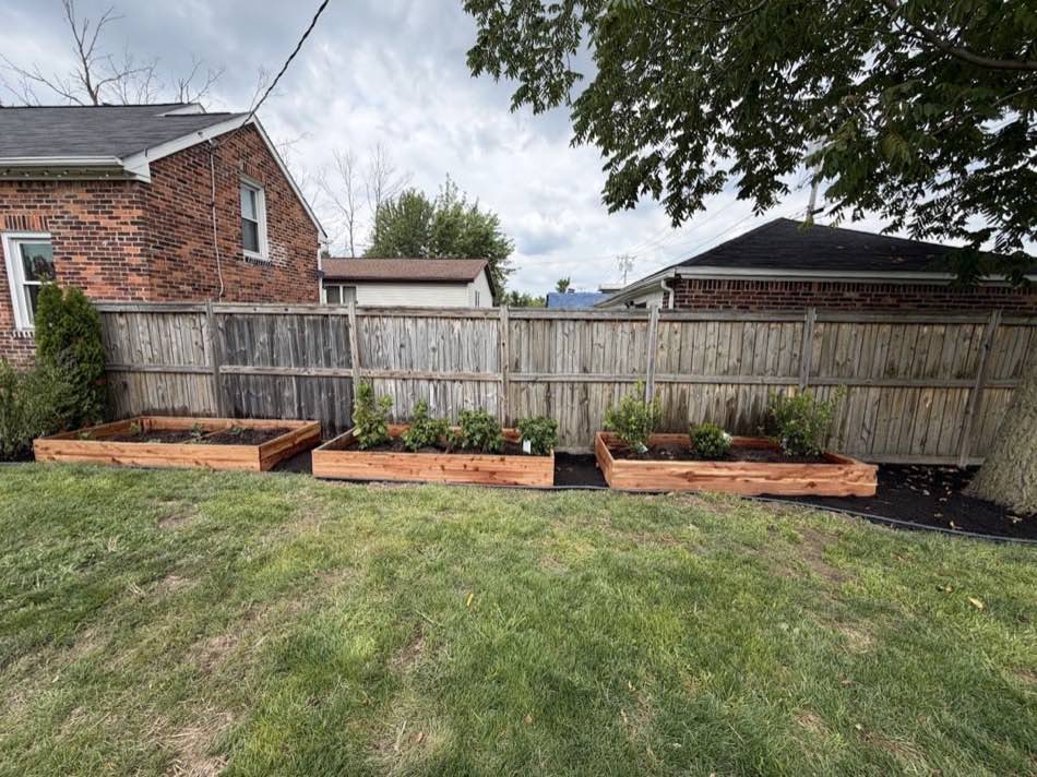 Cedar raised garden beds installed along a fence line